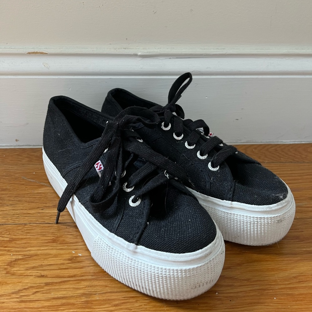 Superga 2790 Platform Sneaker in Black with White Platform.